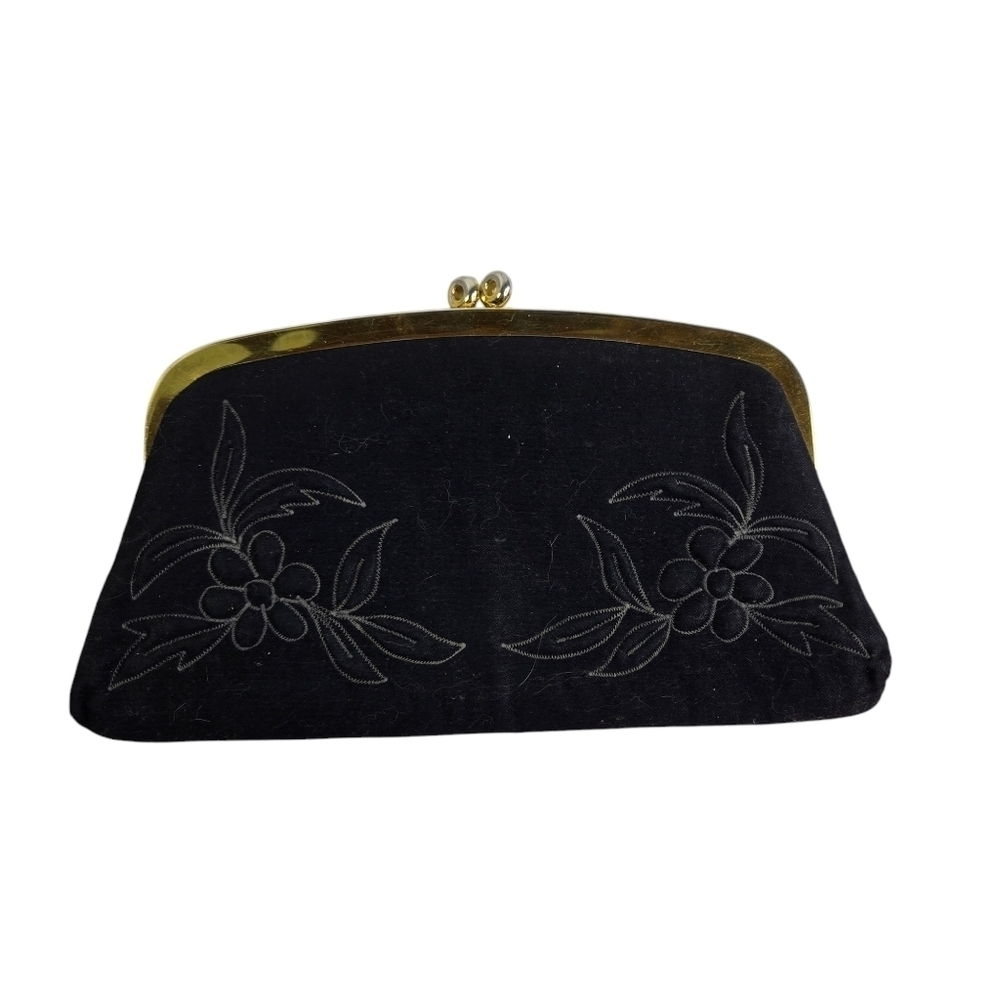 Vtg 50s black fabric wool stitched embroidered clutch purse